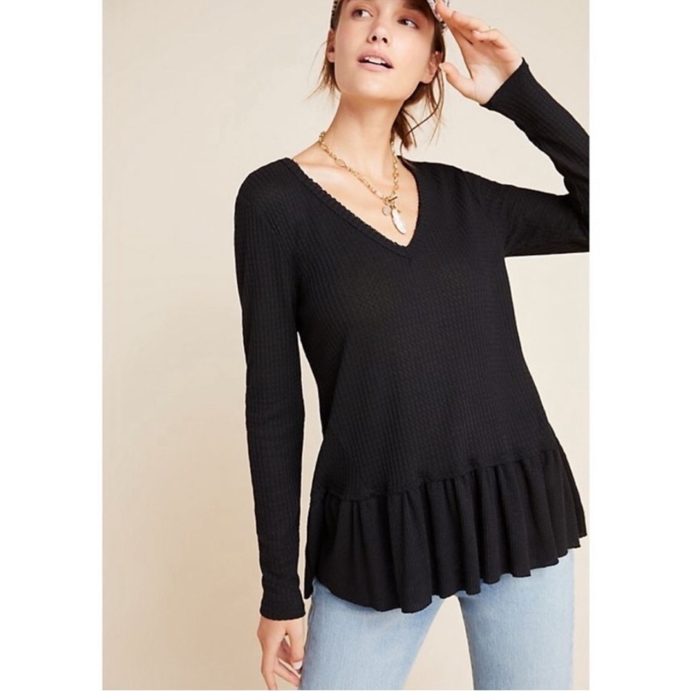 ANTHROPOLOGIE ERI + ALI Tallie Waffle Knit Peplum Knit Top